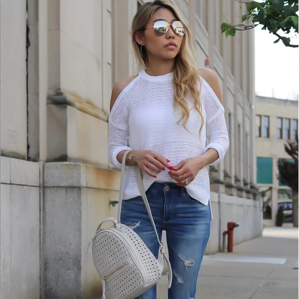 NWT Express Open Knit Crochet Cold Shoulder High Low White Sweater Size Medium